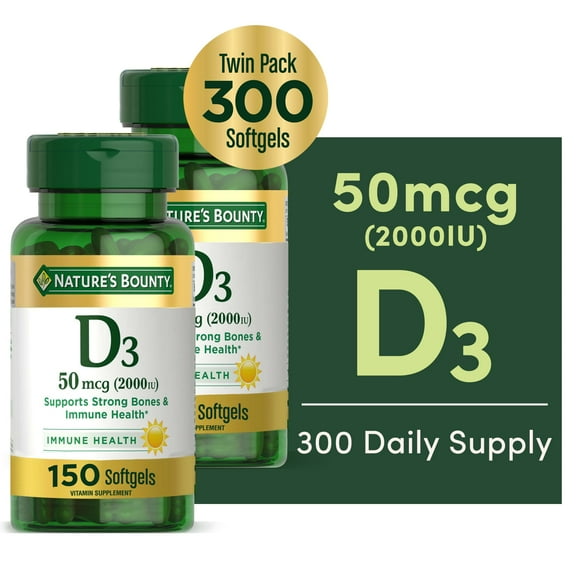 Nature's Bounty Vitamin D3 Softgels, 50 mcg, 2000 IU, 150 Ct, 2 Pack