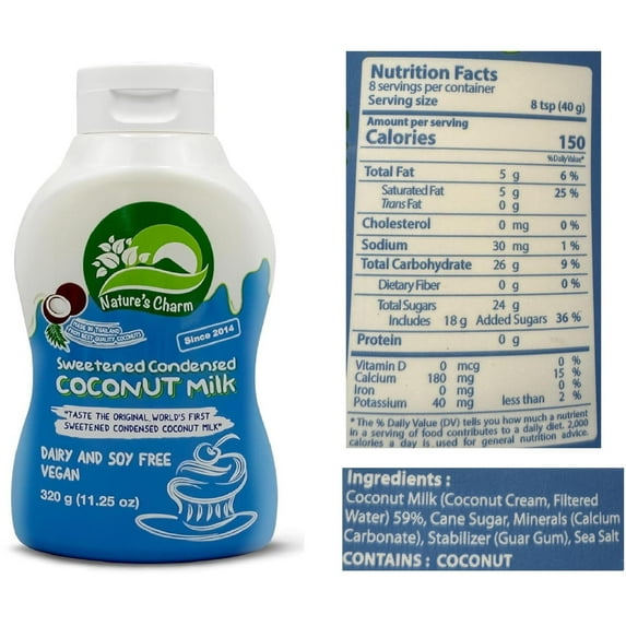 Nature's Charm Sweetened Condensed Coconut Milk, NEW Squeeze Bottle 11.25 oz 320g (Pack 2) + 1 NineChef Brand Spoon