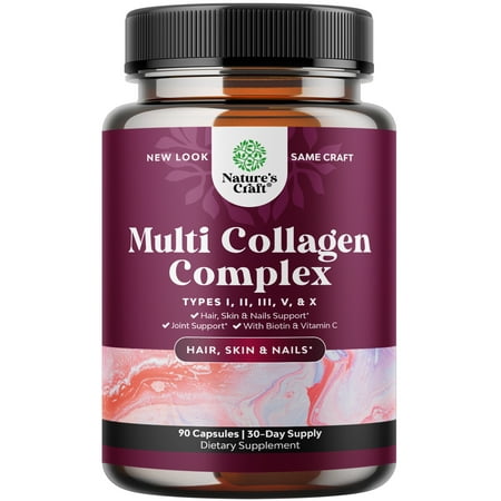 Nature's Craft Pure Multi Collagen Complex with Biotin 5,000mcg & Vitamin C 90ct Capsules - Advanced Hair Skin and Nails Vitamins