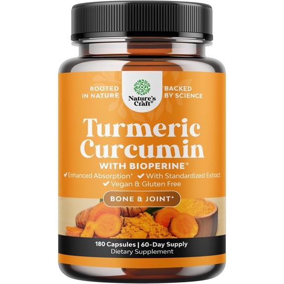 Natures Craft Turmeric Curcumin Capsules with Black Pepper Extract, Joint and Immune Support, 180 Count