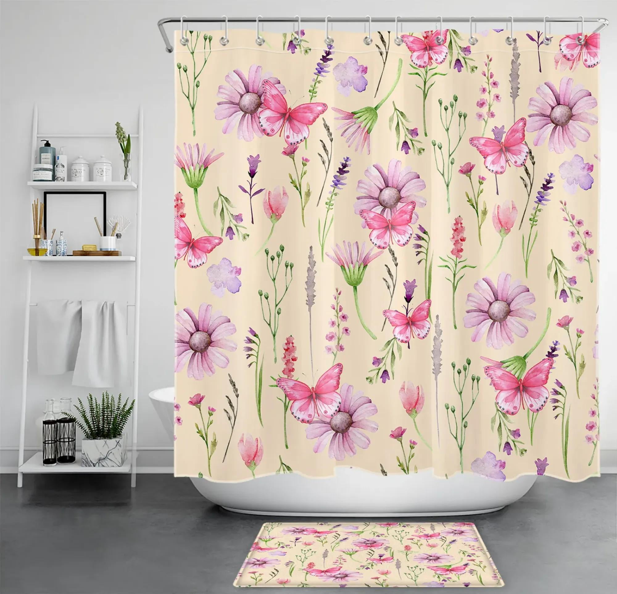 Nature's Delight Shower Curtain Set Green Grass, Beige Daisy, Pink Butterfly Bathroom Decor