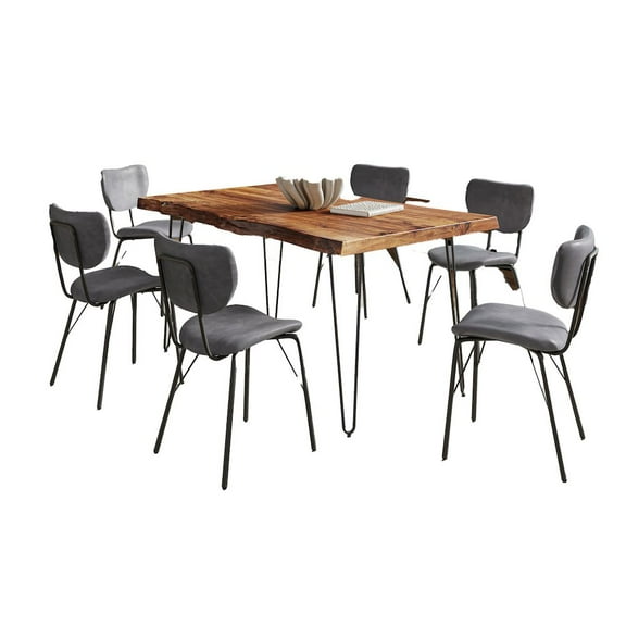 Nature's Edge 60" Seven Piece Modern Dining Set with Upholstered Contemporary Chairs - Chestnut and Grey