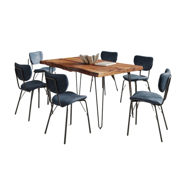 Nature's Edge 60" Seven Piece Modern Dining Set with Upholstered Contemporary Chairs - Chestnut and Slate Blue