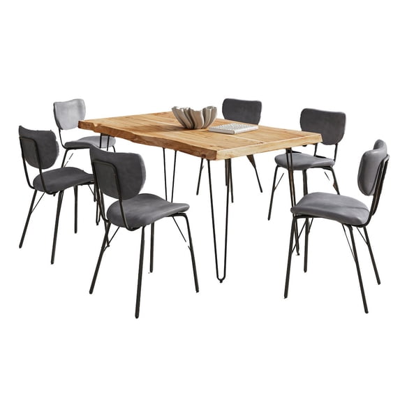 Nature's Edge 60" Seven Piece Modern Dining Set with Upholstered Contemporary Chairs - Natural and Grey