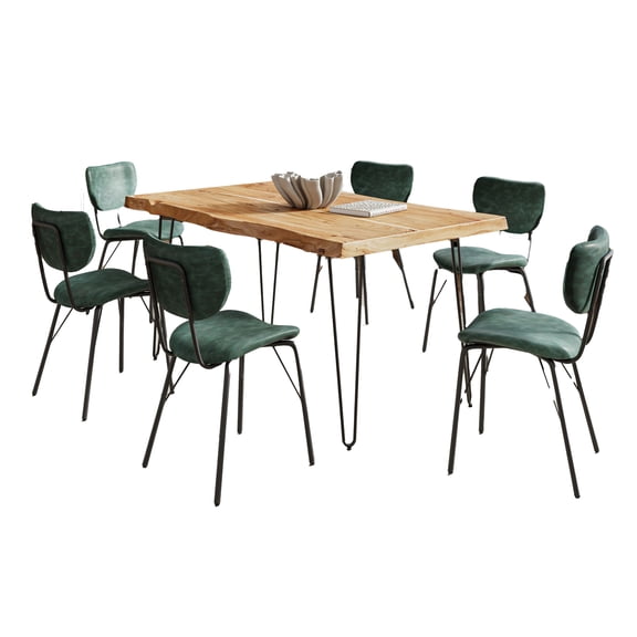 Nature's Edge 60" Seven Piece Modern Dining Set with Upholstered Contemporary Chairs - Natural and Jade