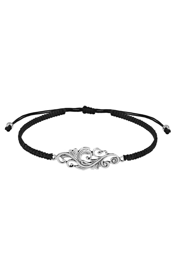 Nature's Elegance Floral Vine Sterling Silver Charm Black Adjustable Bracelet