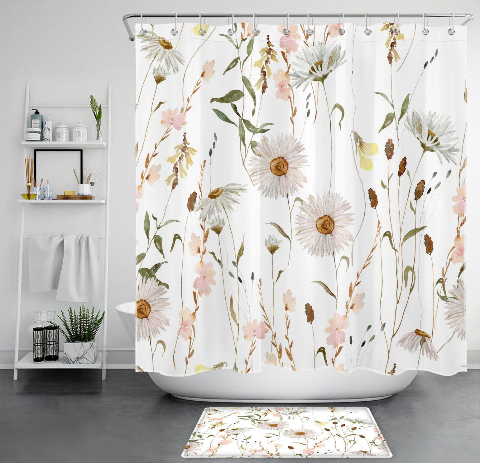 Nature's Elegance: White Daisy Shower Curtain with Leafy Details for a 