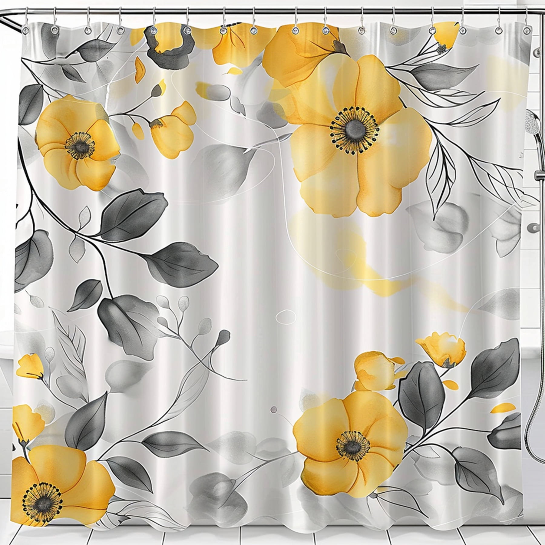 Nature's Elegance Yellow Gray Floral Shower Curtain with Silver