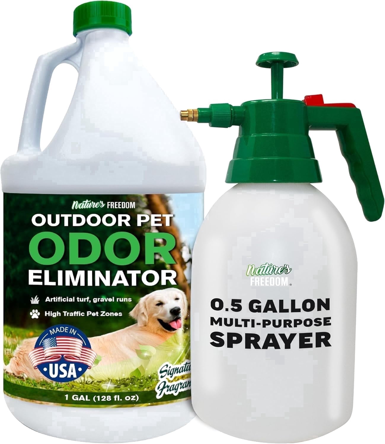 Nature's Freedom Outdoor Pet Odor Eliminator, 1 Gallon Enzyme Cleaner with Hose-End Pump Sprayer for Lawns, Patios and Outdoor Surfaces