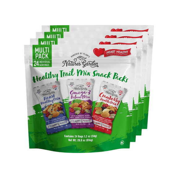 Nature's Garden Healthy Trail Mix Snack Pack 28.8oz (1.2oz x 24) - Pack of 4 - Heart Healthy, Plant-Based, Gluten-Free Nut & Fruit Blend with Cranberries – Daily Snack for Adults & Kids