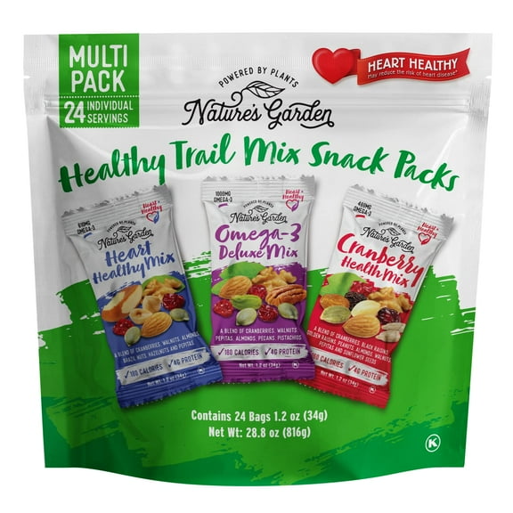 Nature's Garden Healthy Trail Mix Snack Packs - Mixed Nuts, Heart Healthy Nuts, Omega-3 Rich, Cranberries, Pumpkin Seeds, Perfect For The Entire Family  1.2 oz Bags (24 Individual Servings)