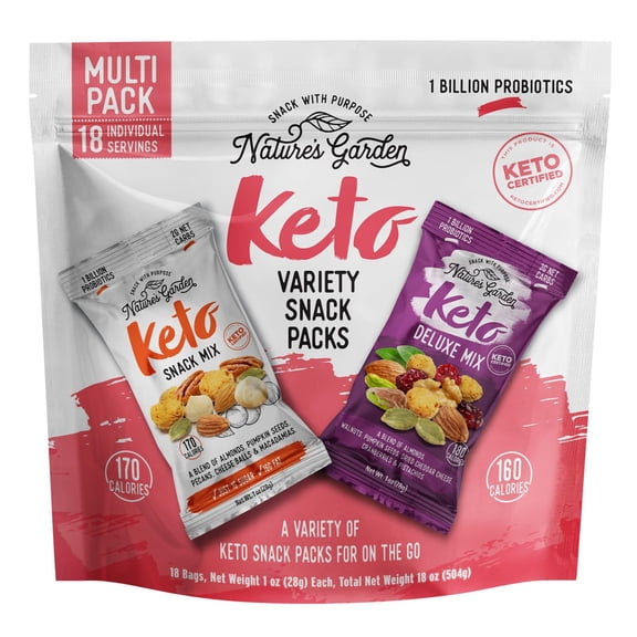 Natures Garden Keto Variety Snack Packs  Keto Snack Mix, Keto Deluxe Mix, Heart Healthy Nuts, Probiotic Cheese Balls, Mixed Nuts, Gluten-Free, Energy Boost, Healthy Snacks 1 Oz Bags (18 Individual
