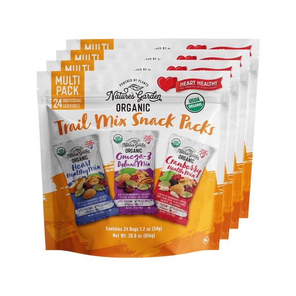 Nature's Garden Organic Trail Mix Snack Packs 28.8oz (1.2oz x 24) - Pack of 4 - Heart Healthy, Omega-3 Deluxe, Cranberry Health Mix – USDA Organic, Vegan, Kosher, Plant-Based Energy Snack