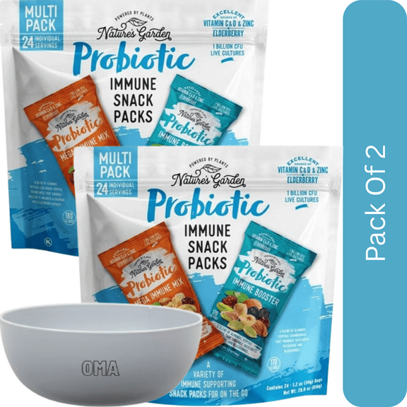 Natures Garden Probiotic Immune Booster Trail Mix Variety Pack, 1.2 oz Snack Packs (24 pk)-2pk, With Olive White Bowl By OMA