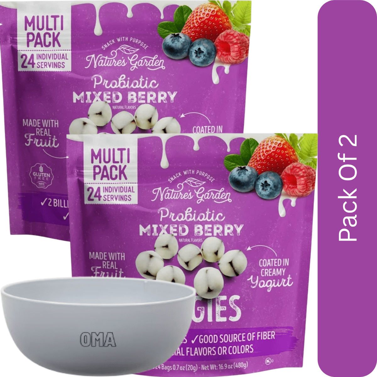 Nature’s Garden Probiotic Mixed Berry Yoggies, 0.7 oz (24-pack)-2pk, With Olive White Bowl By OMA