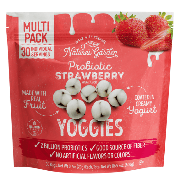 Nature's Garden Probiotic Strawberry Yoggies, 21oz (30 x 0.7oz), Strawberry Yogurt Covered Snack Pack, High Fiber, Real Fruit Pieces, No Artificial Flavors or Colors, Better-For-You Snack