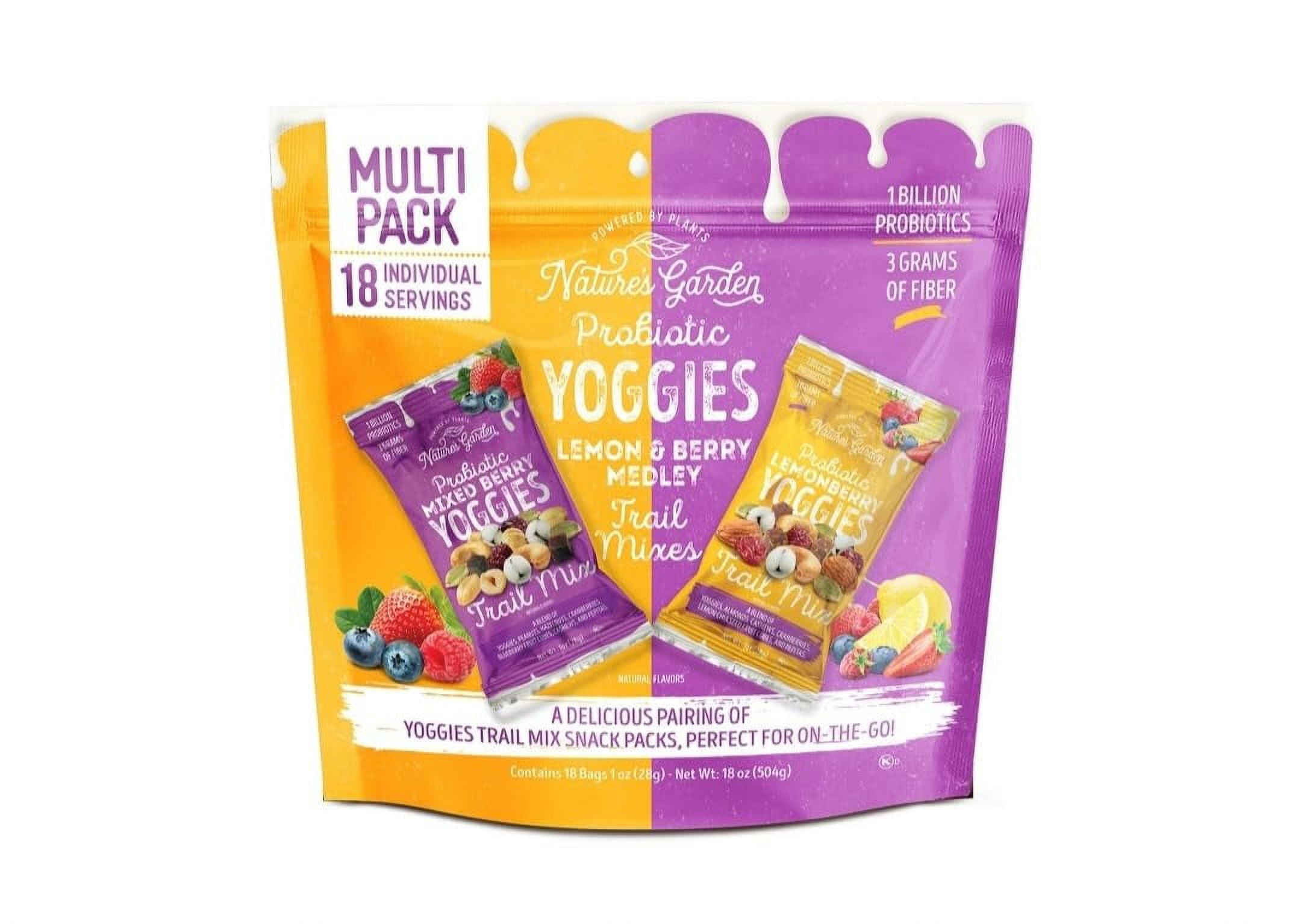 Nature's Garden Probiotic Yoggies Lemon-Berry and Berry Medley Trail Mix 18 Bags of 1 oz each, Yogurt Covered Fruits,High Fiber, Real Fruit Pieces, No Artificial Ingredients, Healthy Snack for Adults