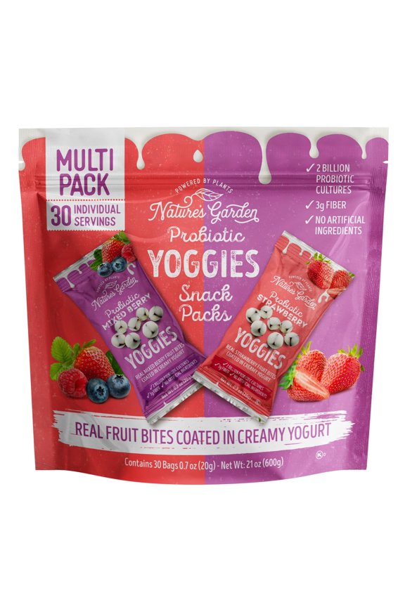 Probiotic Yoggies Multi Pack, 21oz (30 x 0.7oz) - (Strawberry 15x0.7 oz + Mixed Berry 15x0.7 oz) Yogurt Covered Snack, Real Fruit Pieces, No Artificial Flavors or Colors