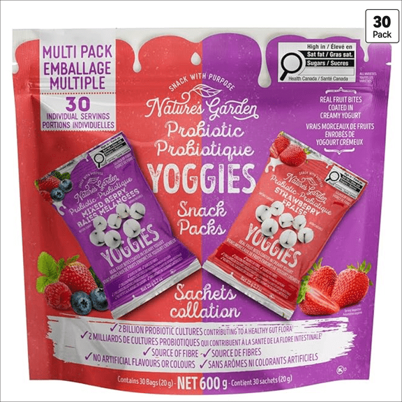 Nature's Garden Probiotic Yoggies Multi Pack, 21oz (30 x 0.7oz) - (Strawberry 15x0.7 oz + Mixed Berry 15x0.7 oz) Yogurt Covered Snack, Real Fruit Pieces, No Artificial Flavors or Colors
