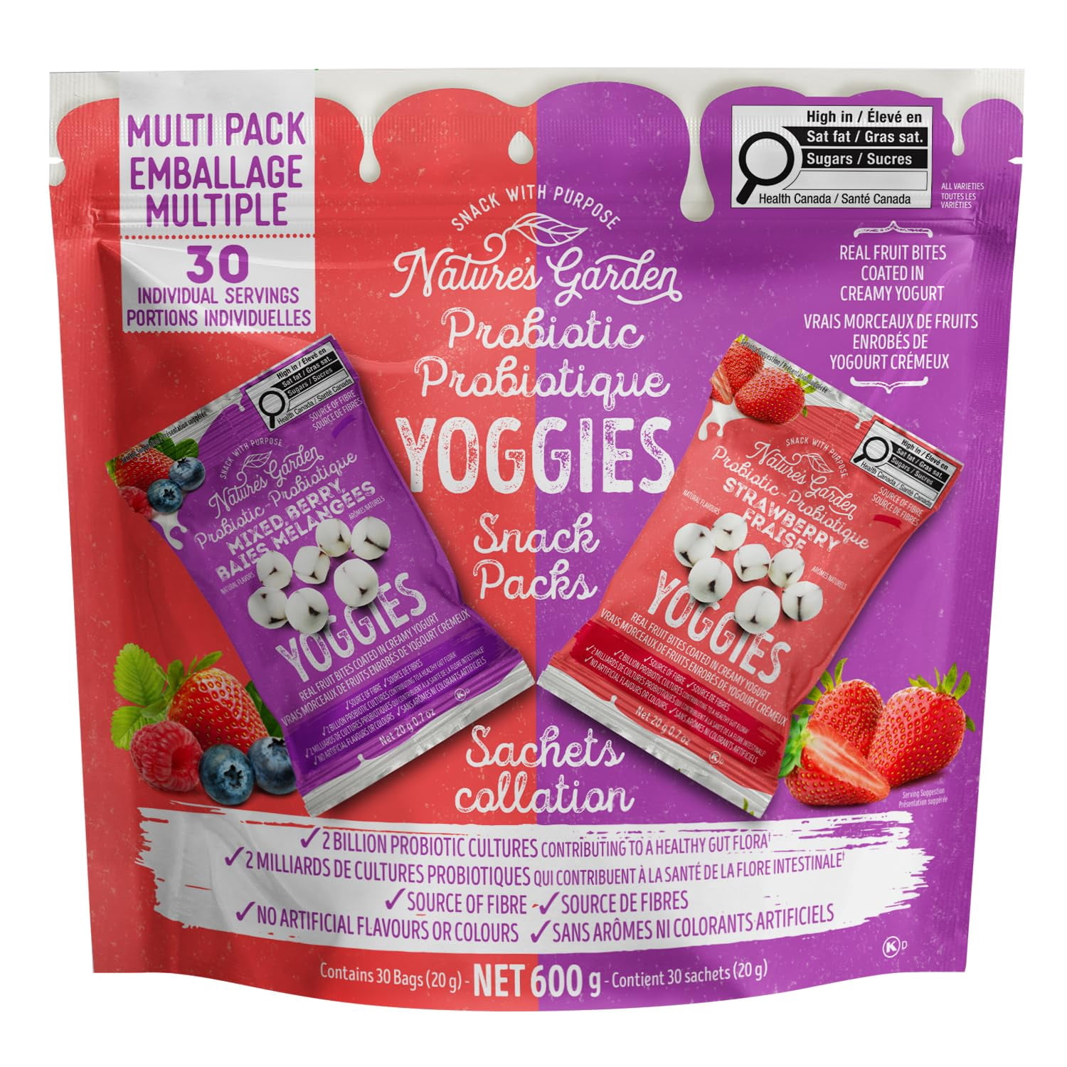 Nature's Garden Probiotic Yoggies Multi Pack, 21oz (Strawberry Yoggies 15x0.7 oz +Mixed Berry Yoggies 15x0.7 oz), Strawberry and Mixed Berry Yogurt Covered Snack, High Fiber, Real Fruit Pieces, No Ar