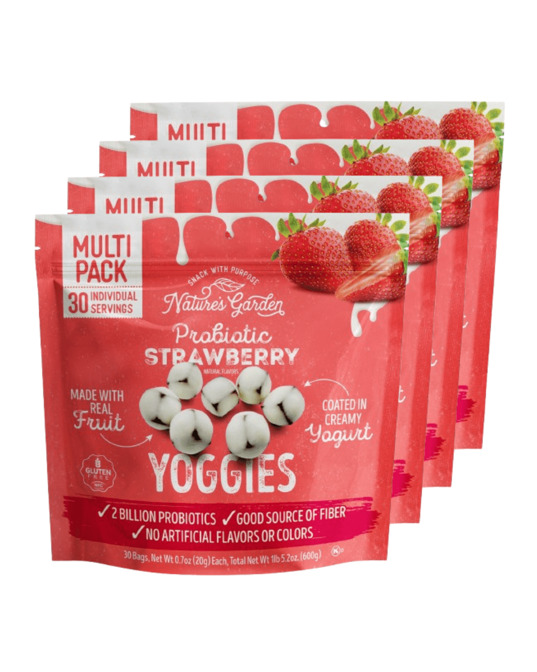 Nature’s Garden Probiotic Yoggies Strawberry, 21oz (0.7oz x 30) - Pack of 4  – Yogurt-Covered Real Fruit Bites – Gluten-Free, Non-GMO, High-Fiber Snacks for Adults & Kids