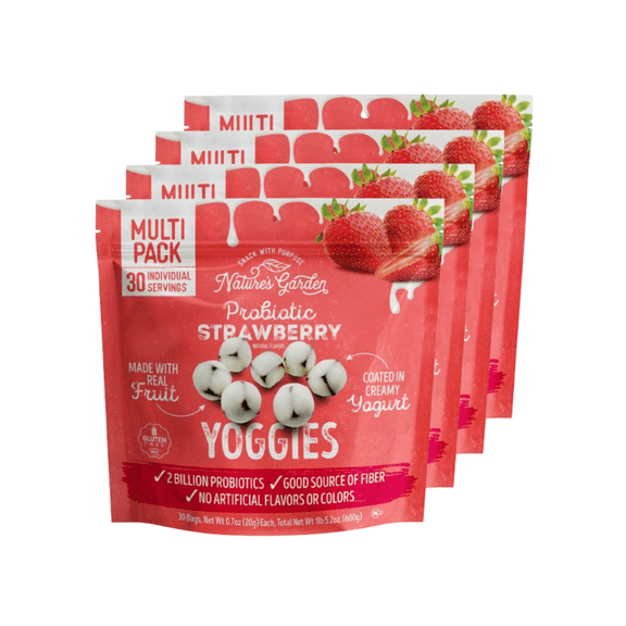 Nature’s Garden Probiotic Yoggies Strawberry, 21oz (0.7oz x 30) - Pack of 4 – Yogurt-Covered Real Fruit Bites – Gluten-Free, Non-GMO, High-Fiber Snacks for Adults & Kids