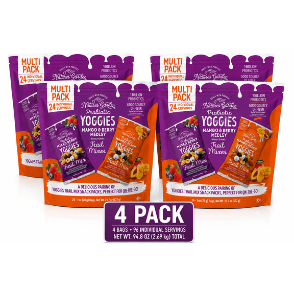 Nature's Garden Probiotic Yoggies Trail Mix, Mango & Berry Medley, 96 Individual Snack Packs, 4 24 Count (94.8 oz Total)
