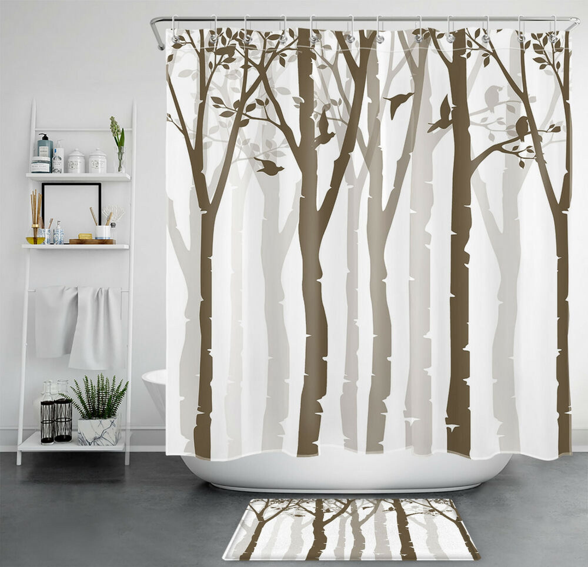 Nature's Harmony Abstract Forest Scene Shower Curtain with Brown Tree