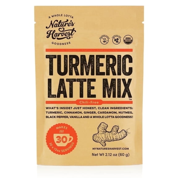 Nature's Harvest Turmeric Latte Mix Powder Chili-Free, Organic Golden Milk Blend, 2.12 oz, 30 Servings