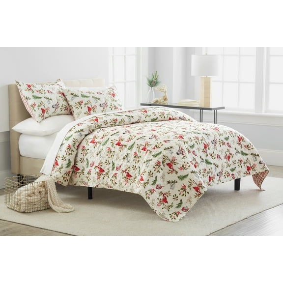 Nature's Holiday Cardinal Holly Full/Queen 3 Piece Quilt Set
