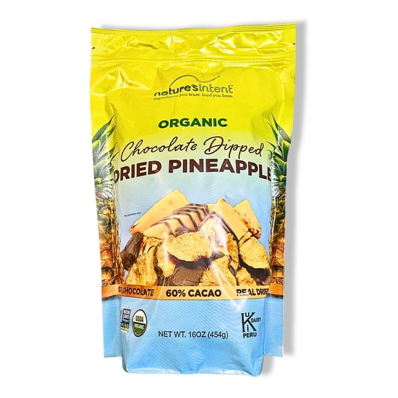 Nature's Intent Organic Chocolate Dipped Dried Pineapple - USDA Organic, Non-GMO, 60% Cacao Dark Chocolate, Real Dried Fruit, Resealable 16 OZ Bag