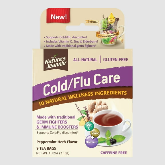 Nature's Jeannie Cold Care Tea - Peppermint Herb Flavor - 9 Tea Bags - Soothes Cold Discomfort with Zinc, Vitamin C, Elderberry, & Traditional Germ Fighters