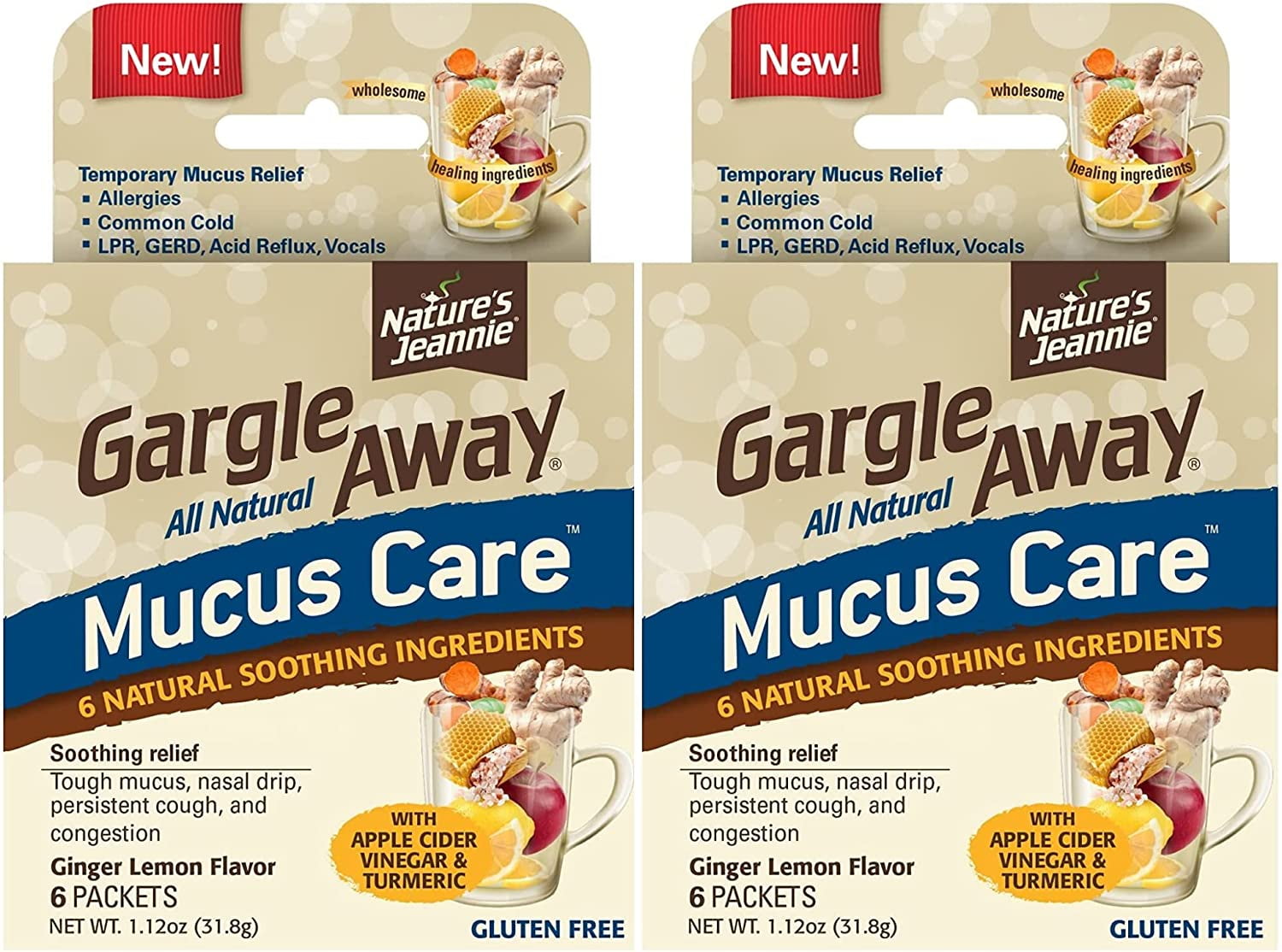 Nature's Jeannie Gargle Away All Natural Mucus Care - Soothing Mucus, Cough and Nasal Drip Relief - 12 Count - 6 Powder Packets -2 Pack - Ginger Lemon Flavor