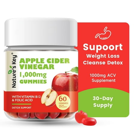 Nature's Key Apple Cider Vinegar Gummies 60 Count ACV Gummy with Folic Vitamin B6 B12 Beetroot & Pomegranate - Vegan, Non-GMO & Gluten-Free