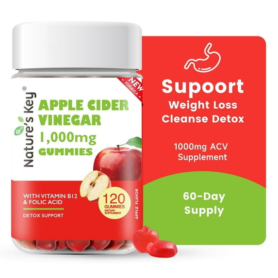 Nature's Key Apple Cider Vinegar Gummies 120 Count ACV Gummy with Folic Vitamin B6 B12 Beetroot & Pomegranate - Vegan, Non-GMO & Gluten-Free