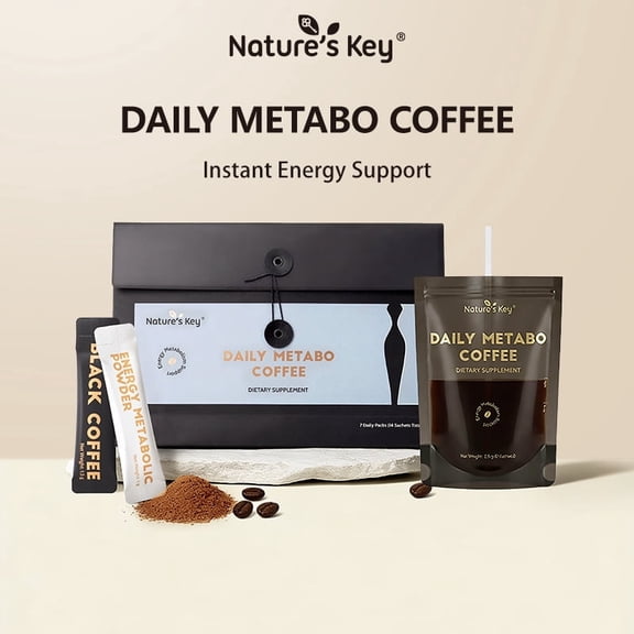 Nature's Key Daily Metabo Coffee, Metabolism Support Instant Black Coffee with MCT, Fucoxanthin & Green Coffee Bean Extract, Sugar-Free Energy Dietary Supplement, 7-Day Pack (14 Sachets Total)