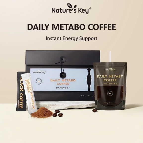Nature's Key Daily Metabo Coffee, Metabolism Support Instant Black Coffee with MCT, Fucoxanthin & Green Coffee Bean Extract, Sugar-Free Energy Dietary Supplement, 7-Day Pack (14 Sachets Total)