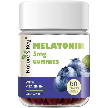 Nature's Key Sleep Support 5mg Melatonin Gummies Max Strength with Vitamin B6, Non-GMO,Gluten-Free-Natural Blueberry Flavor 60 Count