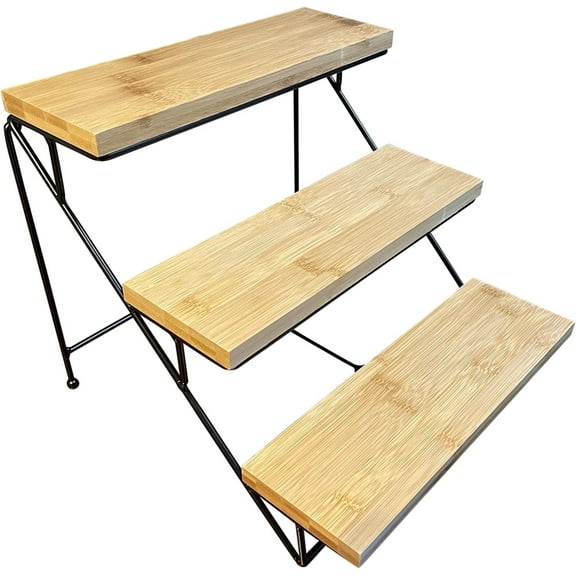 Nature's Kitchen 3 Tier Bamboo Wood Serving Tray Platter Set with Collapsible Metal Rack, Tiered Countertop Serving Stand for Dessert, Coffee, Cupcakes, and More