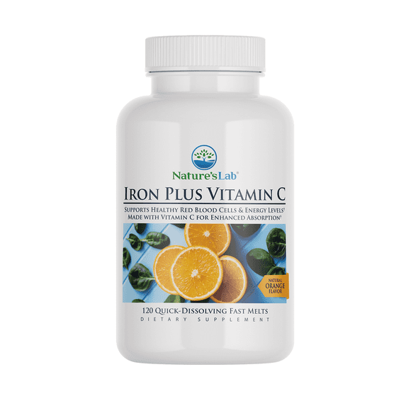 Nature's Lab Iron Plus Vitamin C Fast Melt Tablets - 120 Tablets - Gentle on the Stomach Carbonyl Iron, High Absorption for Healthy Red Blood Cells*