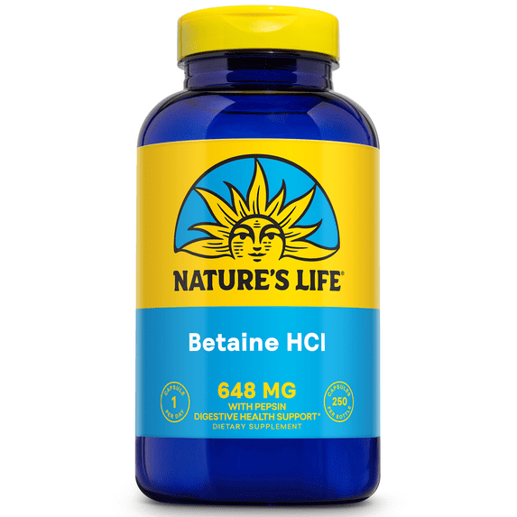 Nature's Life Betaine HCL Supplement 648 mg | Digestion Support Formula | Non-GMO | 250 Gelatin Caps