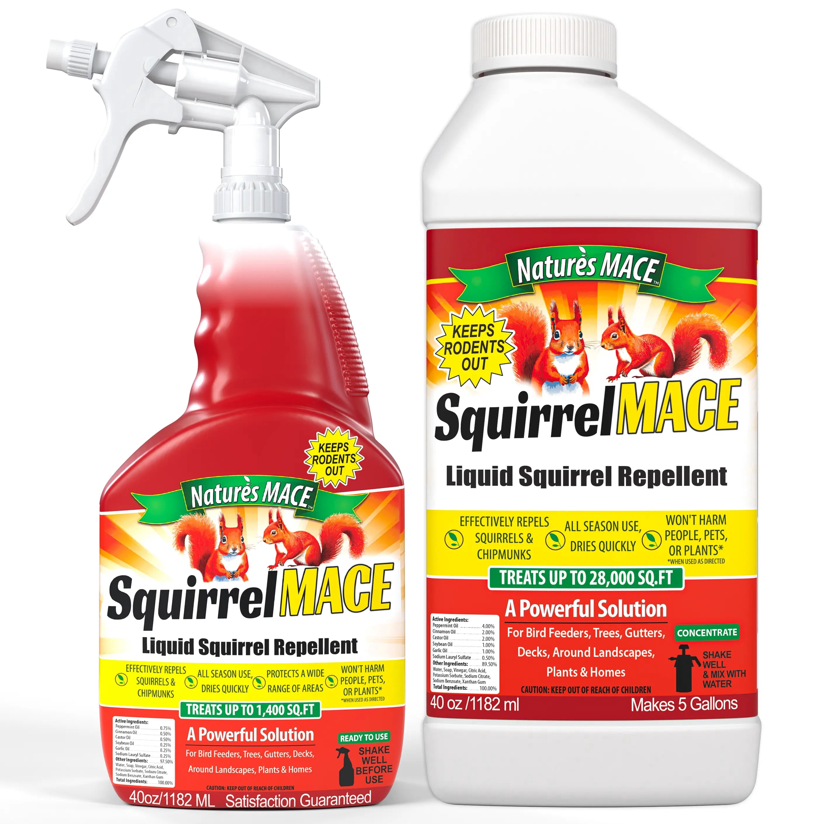 Nature's MACE Squirrel MACE Squirrel Repellent, (1) 40oz RTU Spray, plus (1) 40oz Concentrate, Combo Kit |  Works to Stop Nesting, Gnawing, Trailing, and Chewing Squirrels.