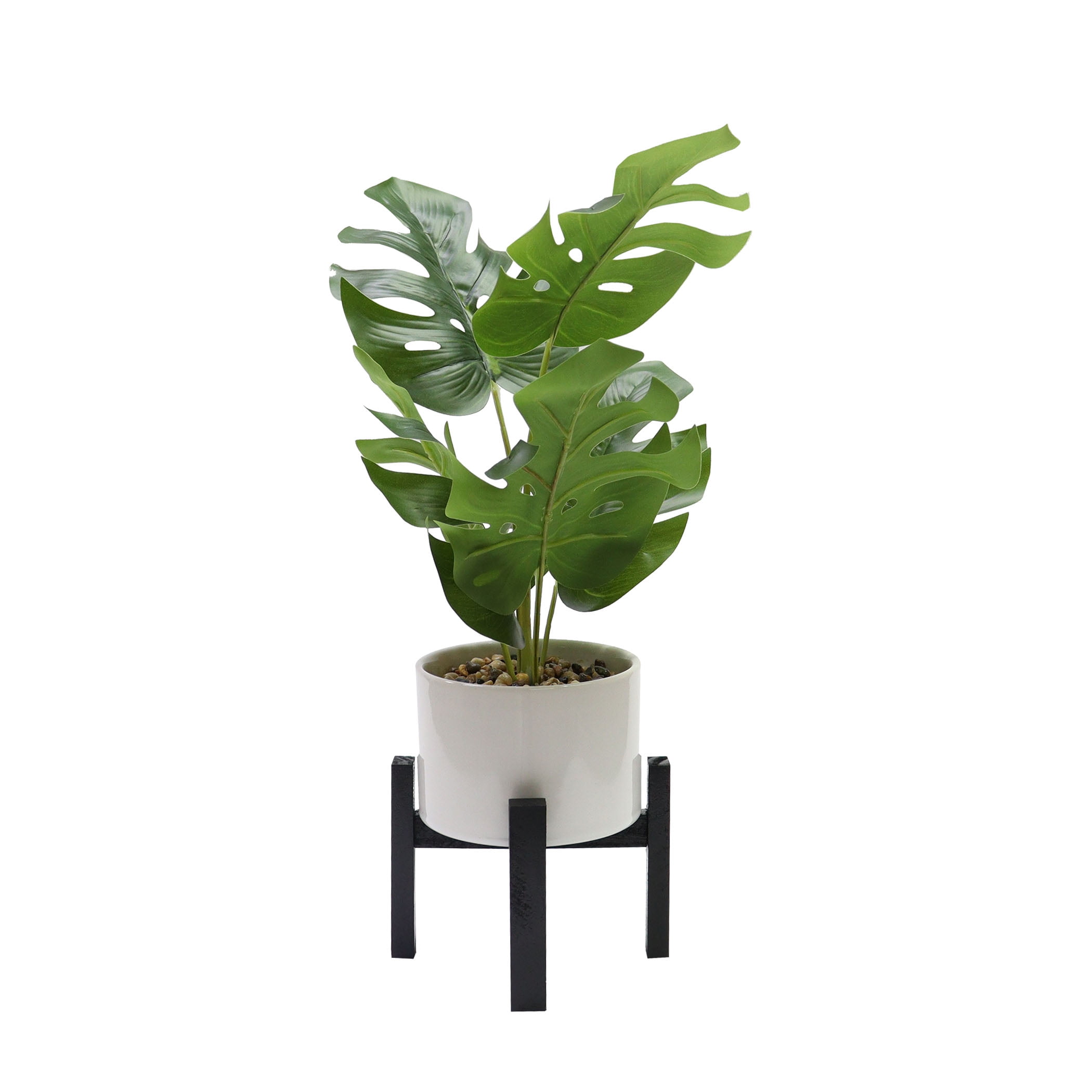 Nature's Mark 12.3”H Artificial Monstera Greenery in White Ceramic Planter with MDF Stand
