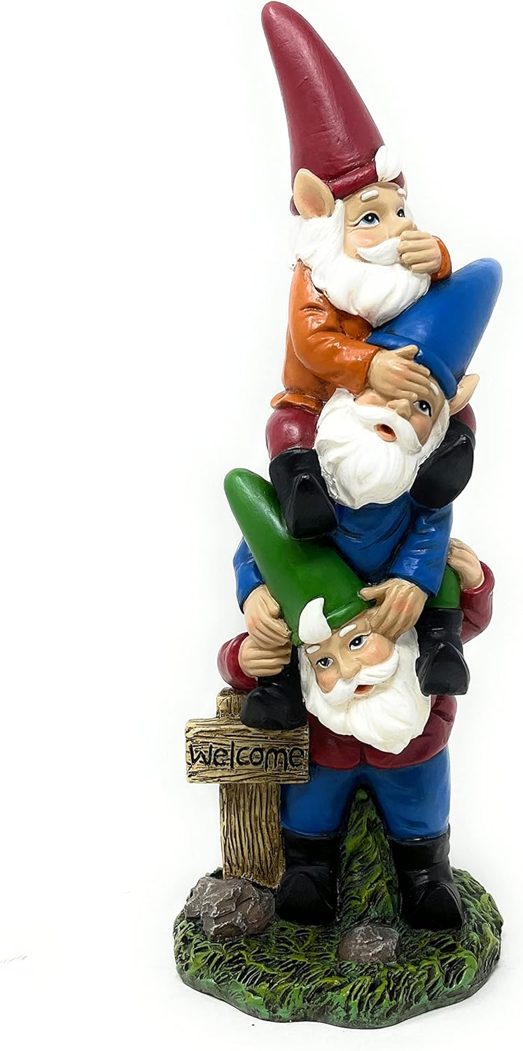 Nature's Mark 3 Stacked Gnomes See No Evil Speak No Evil Hear No Evil