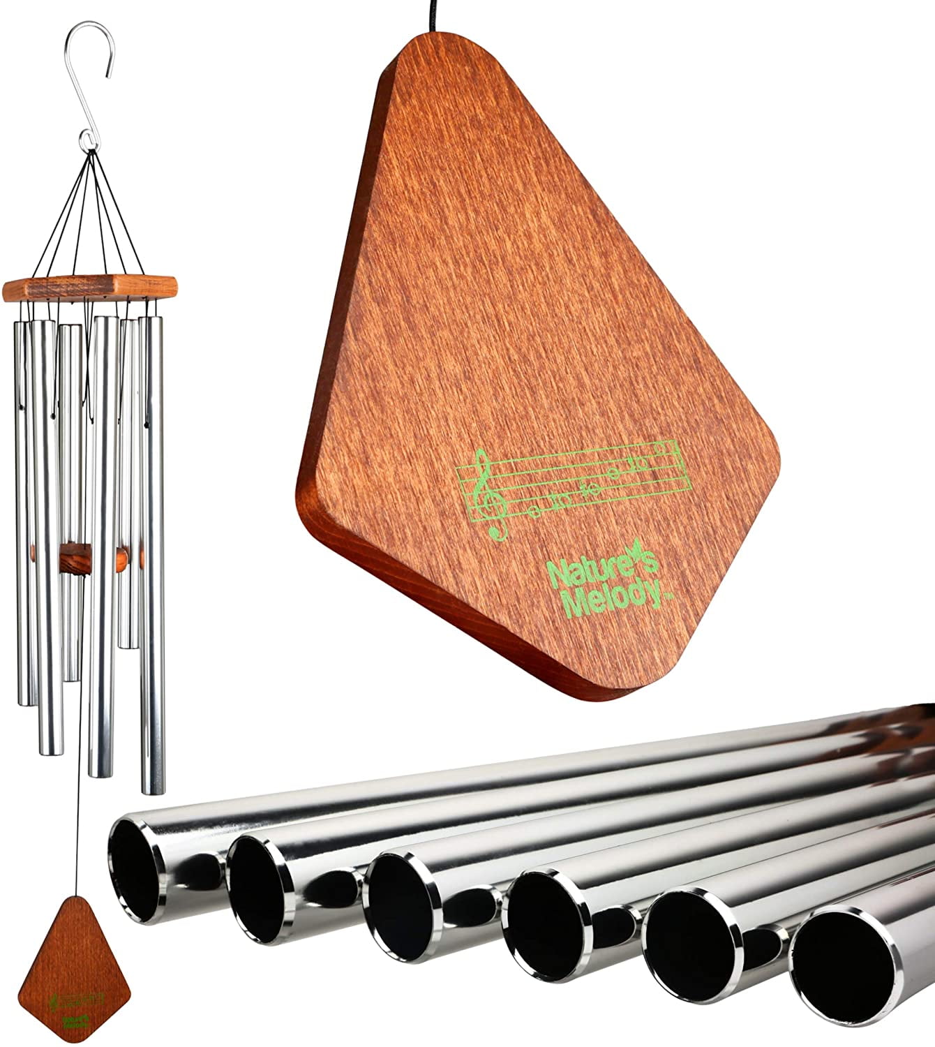 Nature?s Melody Premiere Grande Tunes Wind Chimes ? Outdoor Windchime with 6 Tubes Tuned to E Pentatonic Scale, Rustproof Aluminum, Beech Wood & S Hook Hanger for Sympathy, Memorial Gift or Zen Garden