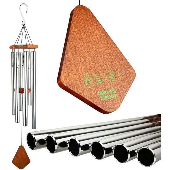 Nature?s Melody Premiere Grande Tunes Wind Chimes ? Outdoor Windchime with 6 Tubes Tuned to E Pentatonic Scale, Rustproof Aluminum, Beech Wood & S Hook Hanger for Sympathy, Memorial Gift or Zen Garden