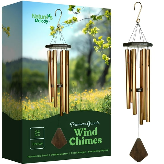 Nature’s Melody Premiere Grande Tunes Wind Chimes – Outdoor Windchime with 6 Tubes Tuned to E Pentatonic Scale, Rustproof Aluminum, Beech Wood & S Hook Hanger for Sympathy, Memorial Gift or Zen Garden