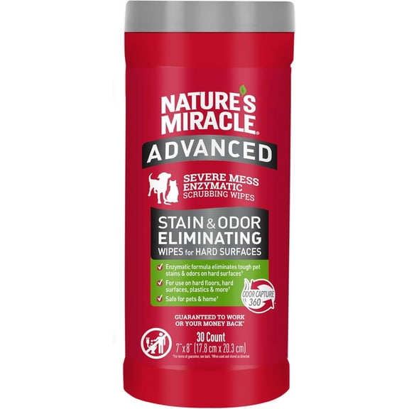 Natures Miracle Advanced Stain And Odor Eliminating Wipes for Hard Surfaces, 30 Count, Enzymatic Formula Eliminates Tough Pet Messes