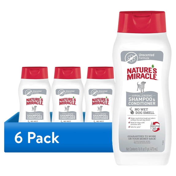 (6 pack) Nature's Miracle Hypoallergenic Shampoo & Conditioner for Dogs, Unscented, 16 oz.