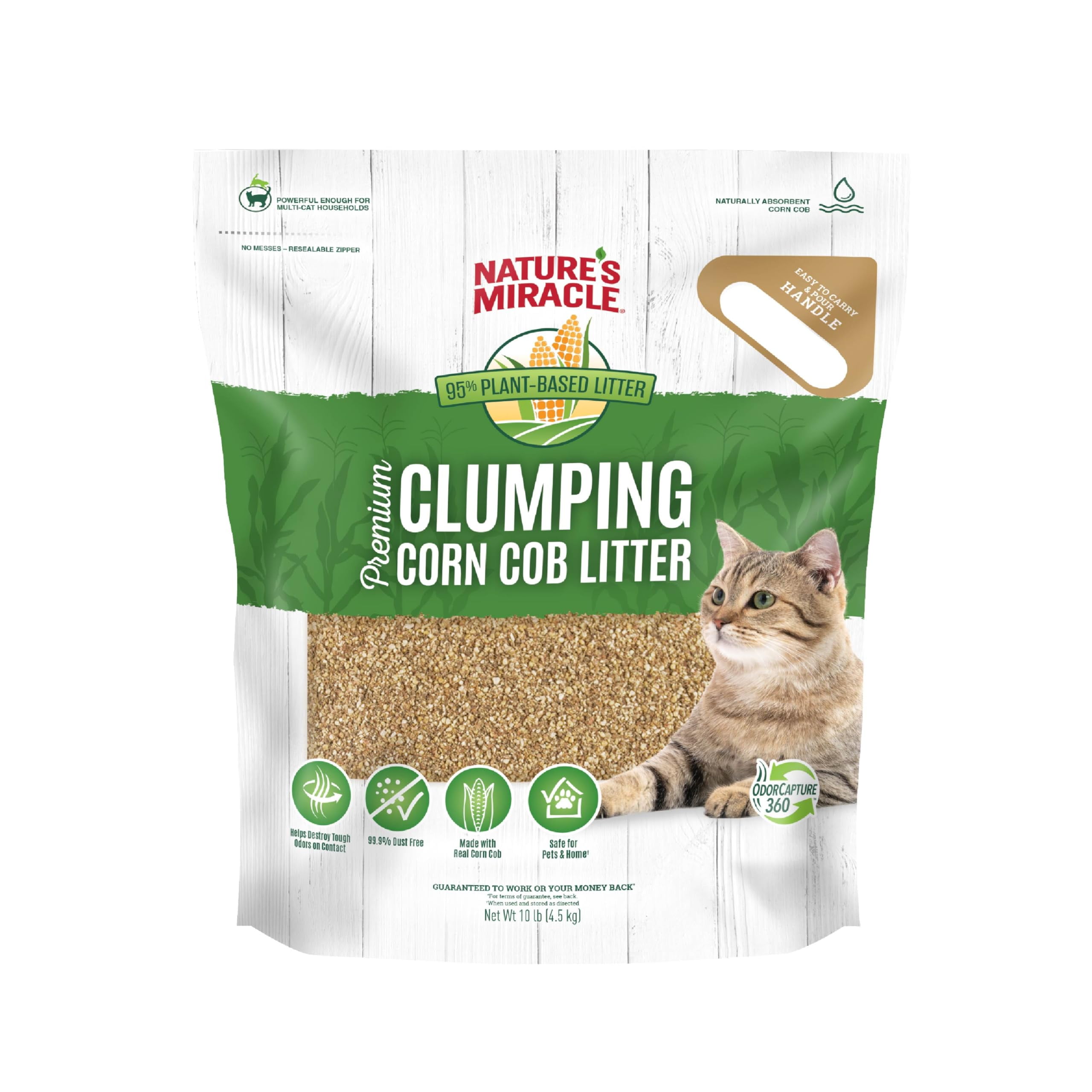 Natures Miracle Premium FEV6Clumping Corn Cob Litter, 10 Pounds, Made With Real Corn Cob For Fast-Clumping Litter For Multi-Cat Households